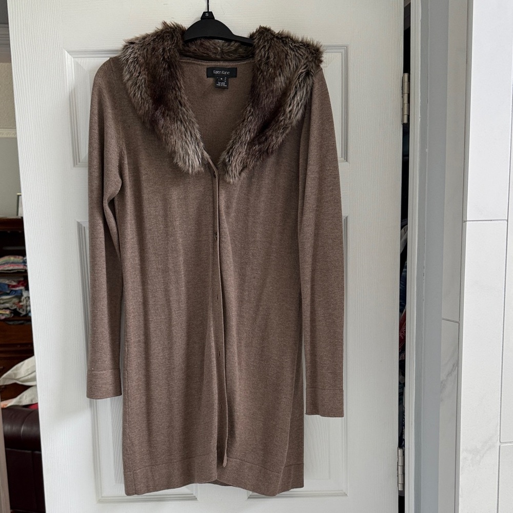Karen Kane Tan Cardigan with Faux Fur Collar
